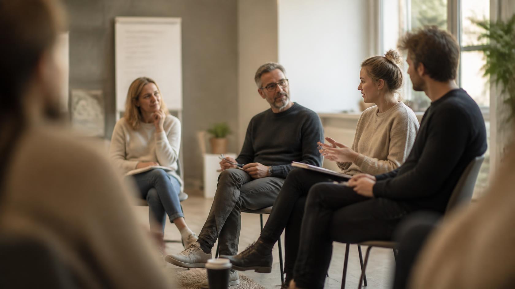 Wenige Personen in einer Weiterbildung sitzen in einem Stuhlkreis und diskutieren miteinander